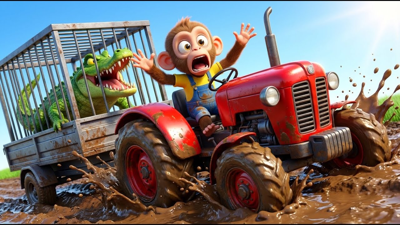 Маленькая обезьянка едет на красном тракторе и спасает застрявшего утёнка! 🚜 Мультфильм про сельс...