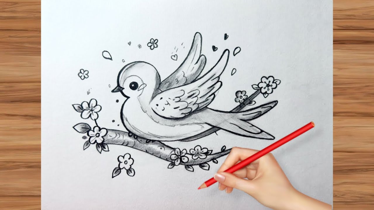 Cute Bird on a Flower Branch | Pencil Drawing Art (Relaxing