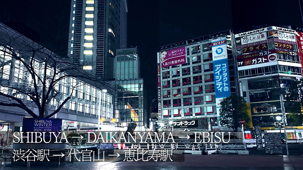 Late Night Walk from Shibuya Station to Ebisu Station via Daikanyama / Tokyo