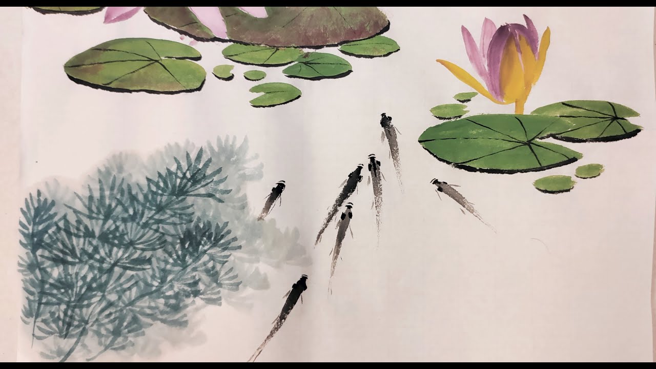 國畫睡蓮和小魚 Painting of Waterlily and Fishes