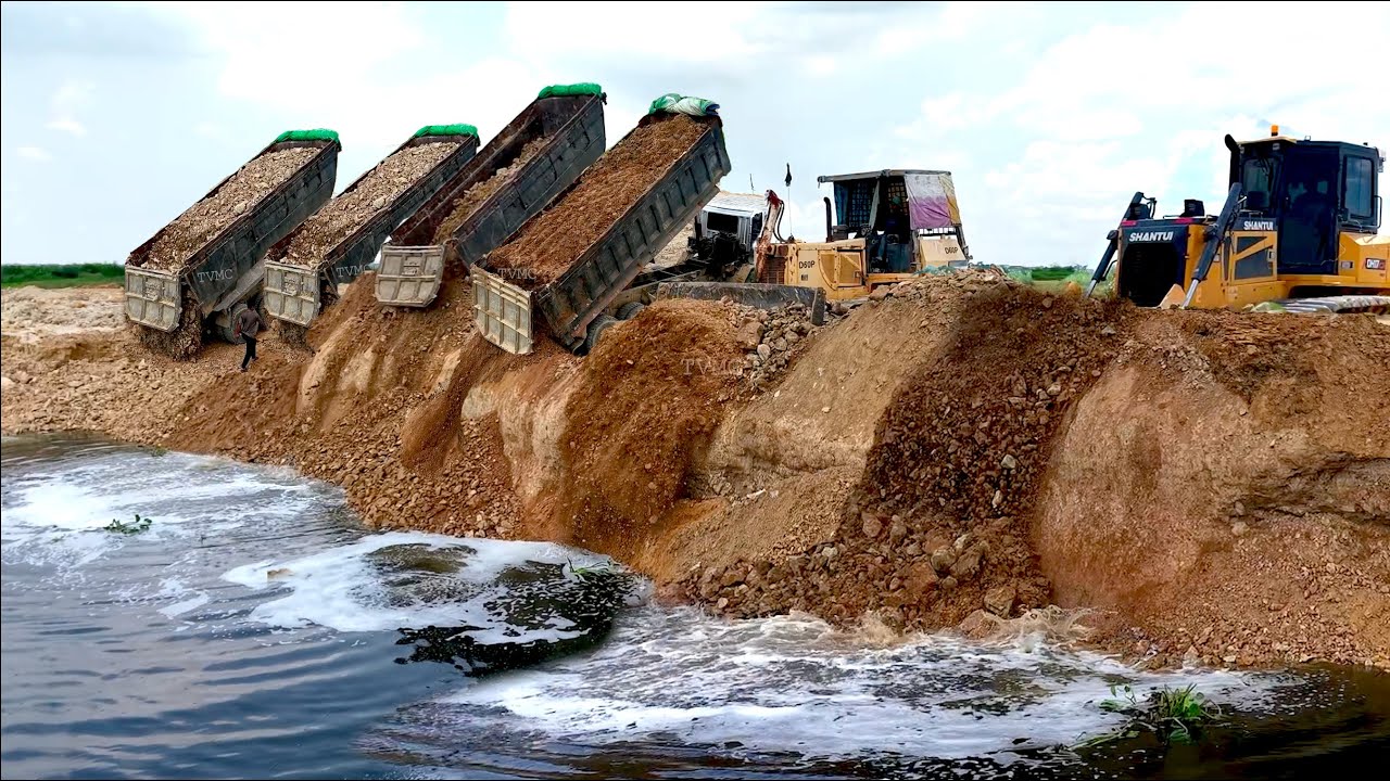 Incredible First Stage Fillup UP USE Dozer Leveling & Push With Group HYUNDAI TRUCKS Unloading Stone