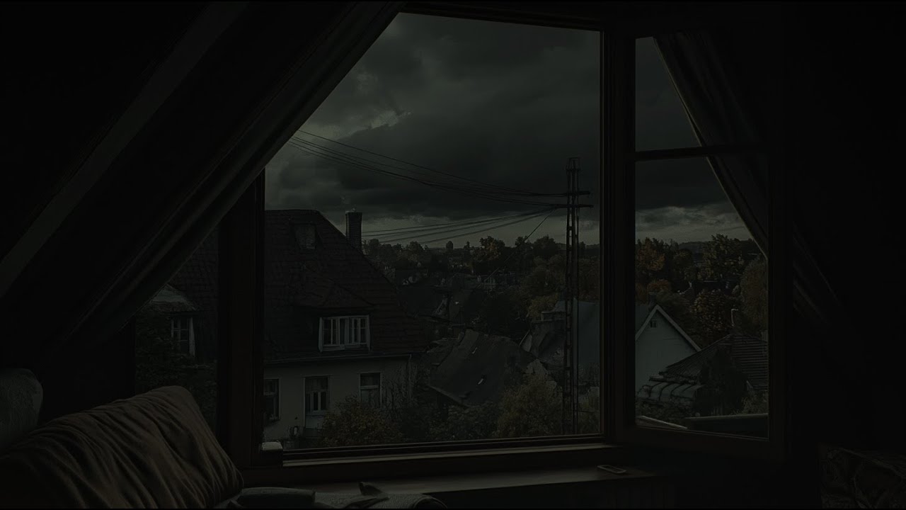 Relaxing With Gentle Sound Of Thunder By Window | A Town At Night With Dark Clouds Over The Rooftops
