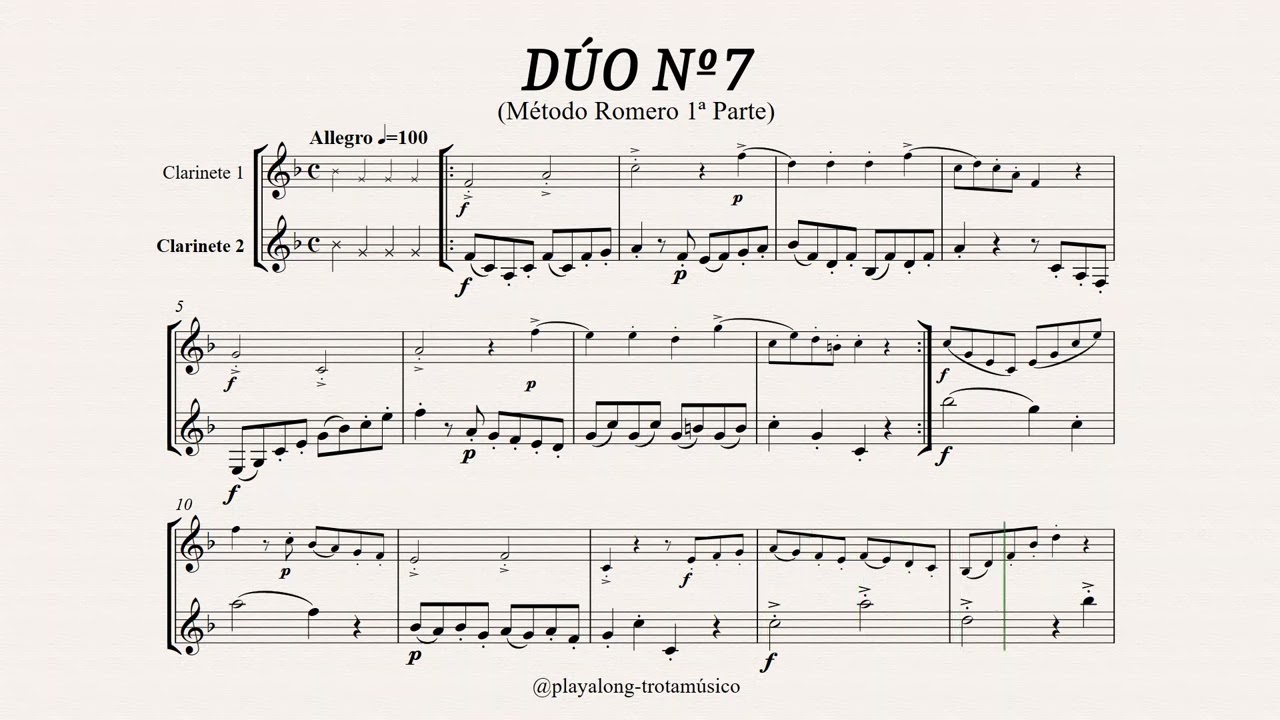 Dúo Clarinete Romero 7 - Clarinete 2 (tempo lento) Partitura con acompañamiento Playalong