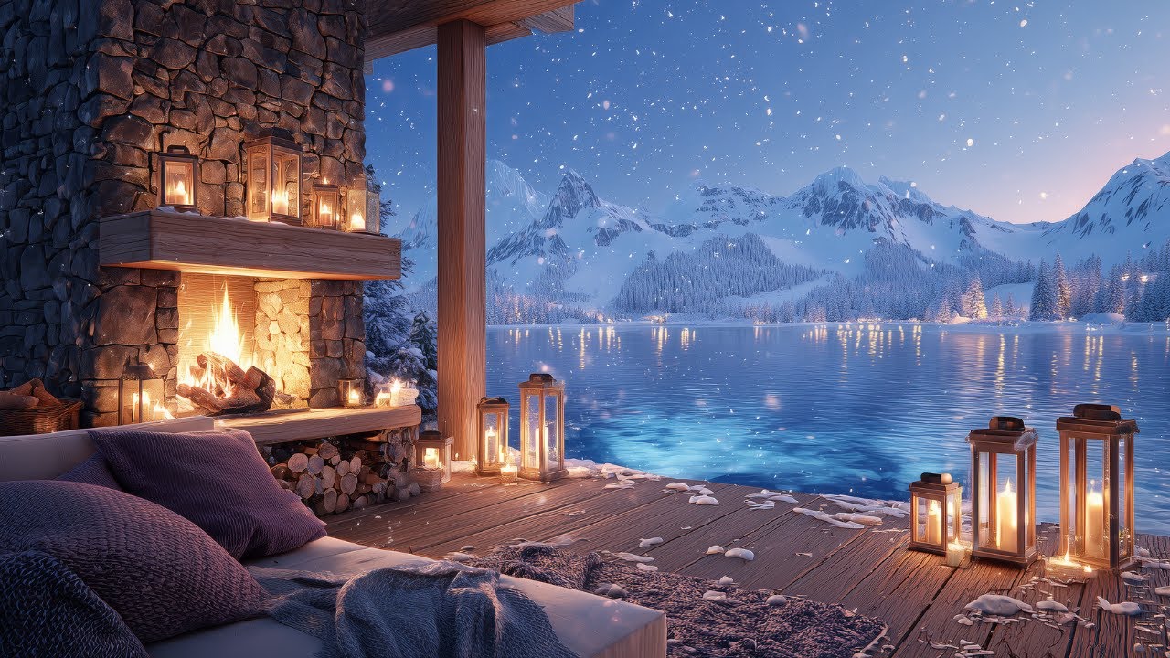 3 Hours of Snowy Alpine Piano — Cozy Fireplace Ambience by a Winter Lake for Sleep & Study