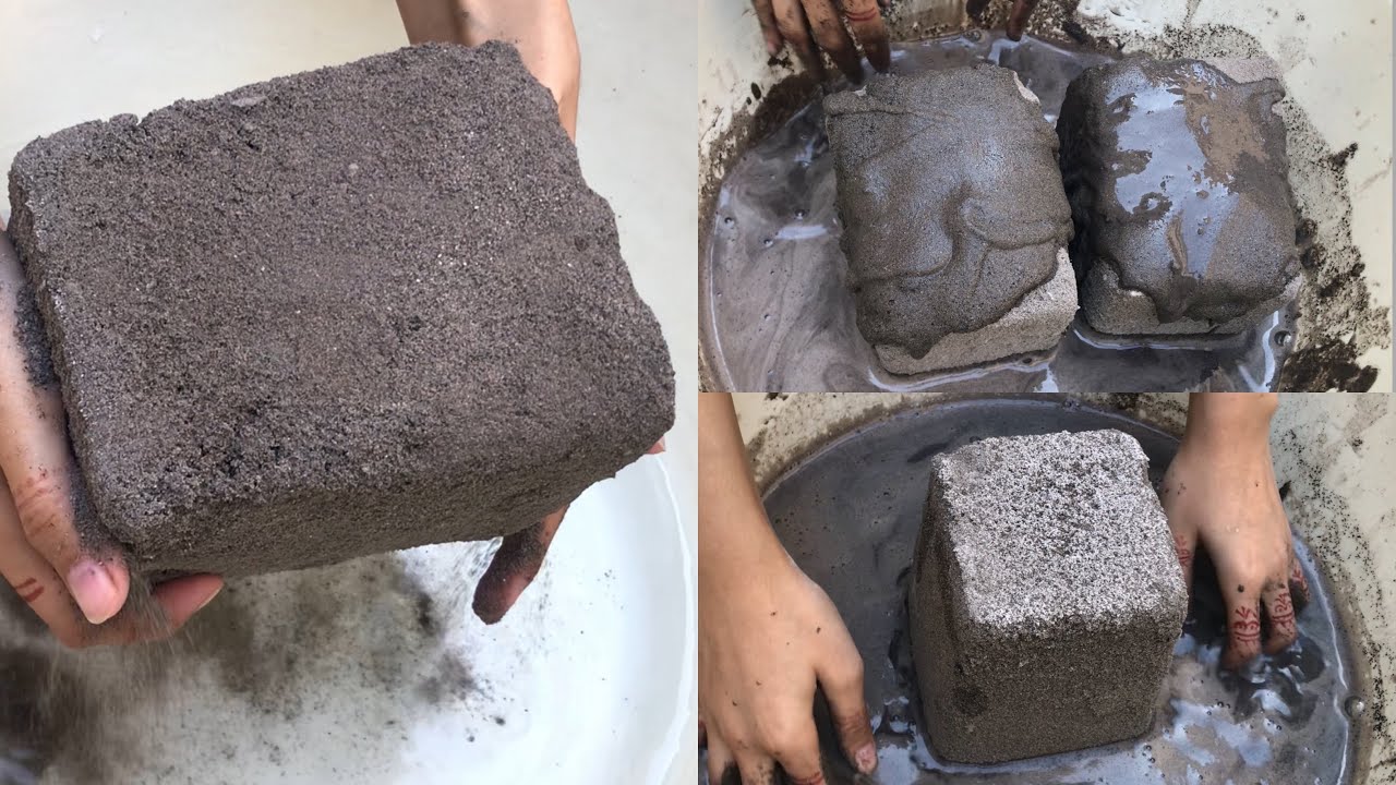 Soft crunchy Charcoal+Sand buckets dipping and crumbling in water|Loud sounds