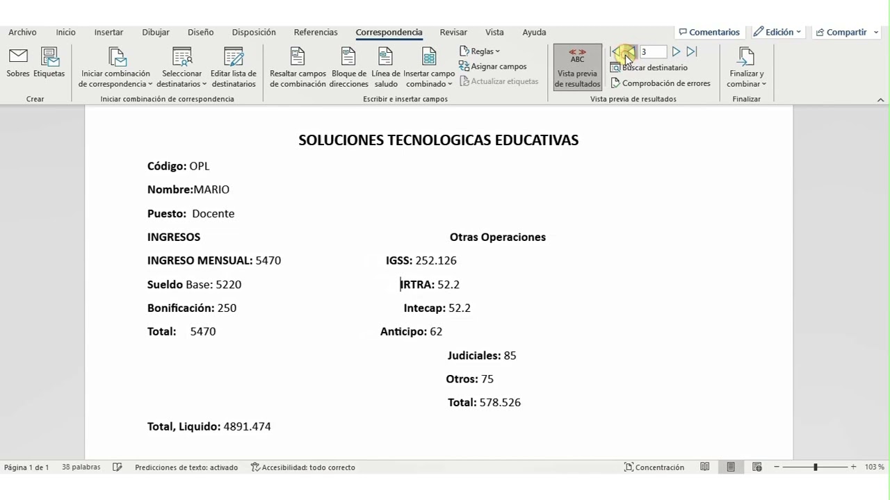 Excel contable: recibo de pago