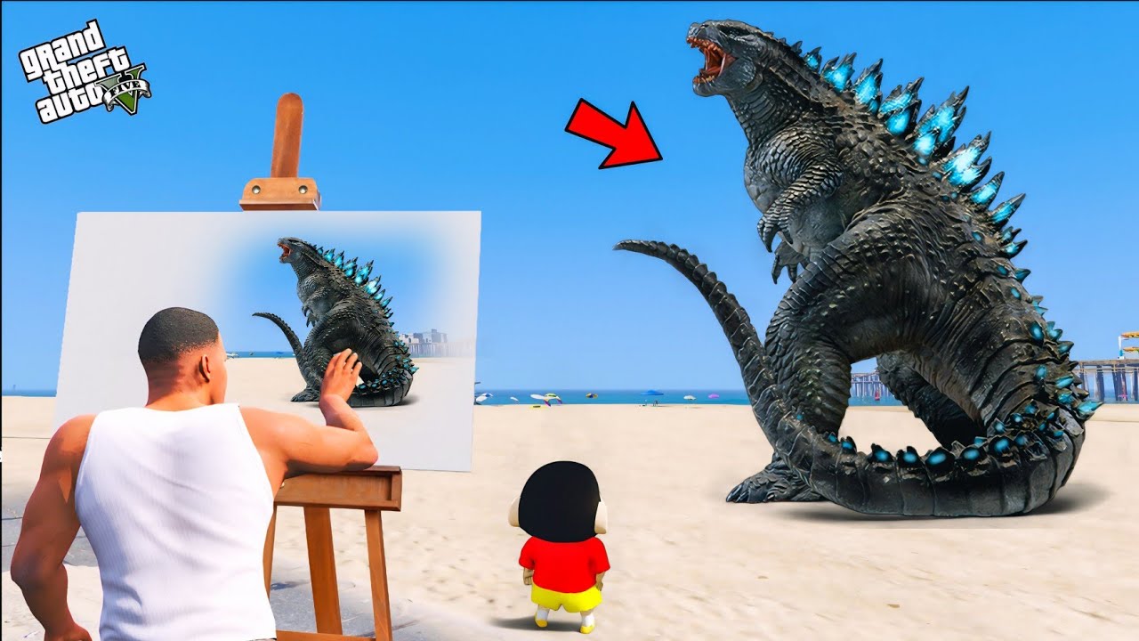 Shinchan & Franklin Found Magic Godzilla Drawing Laptop Draw a big Godzilla in Gta 5