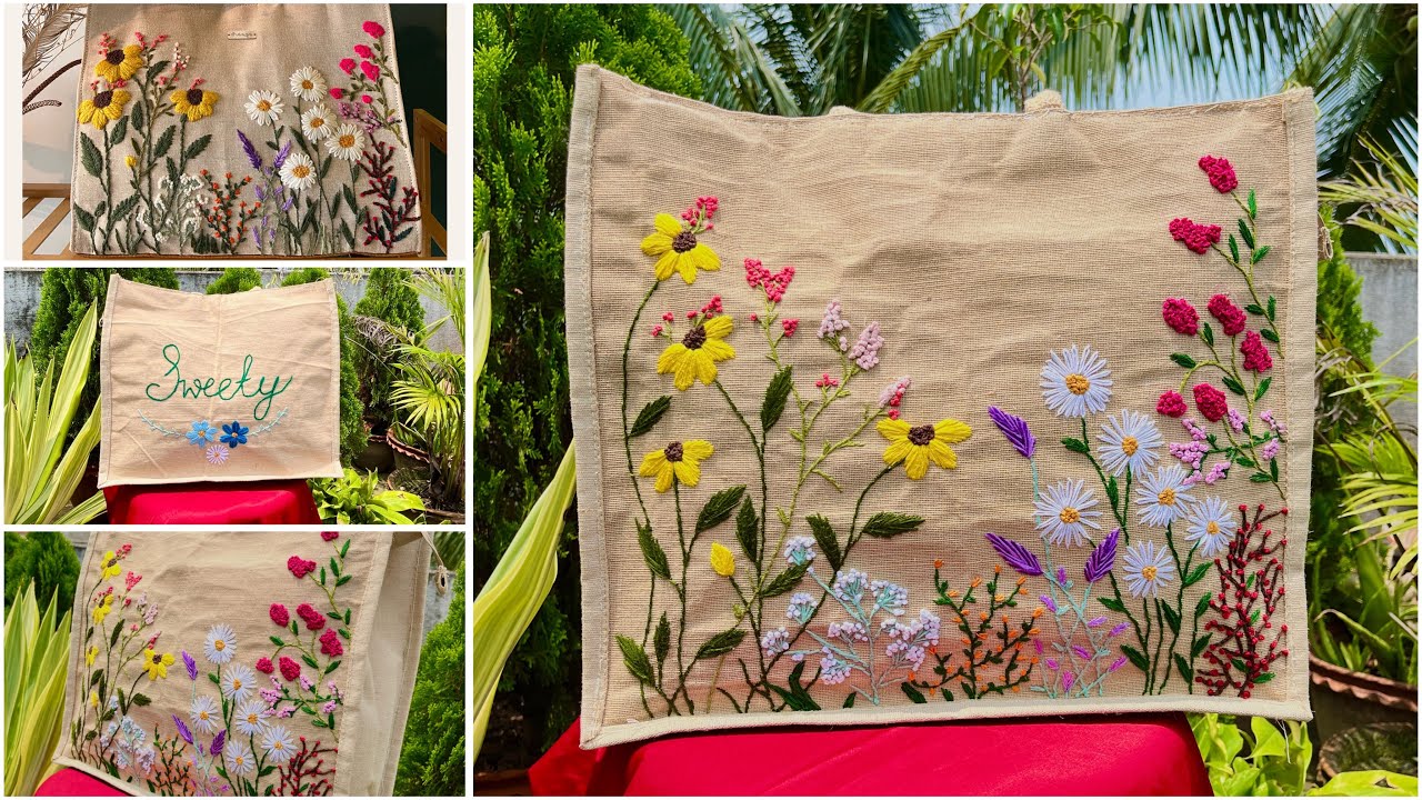 😍 Hand Embroidery jute bag🌼🪡 inspired by Dhaaga life💚  #fashion #embroidery #embroiderydesign