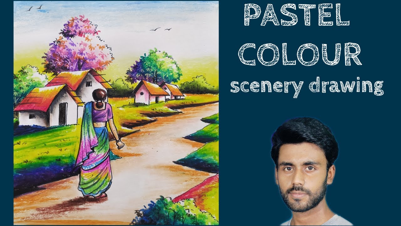 How To Draw A Village Scenery With A Human Figure .With Oil Pastel. PASTELART.
