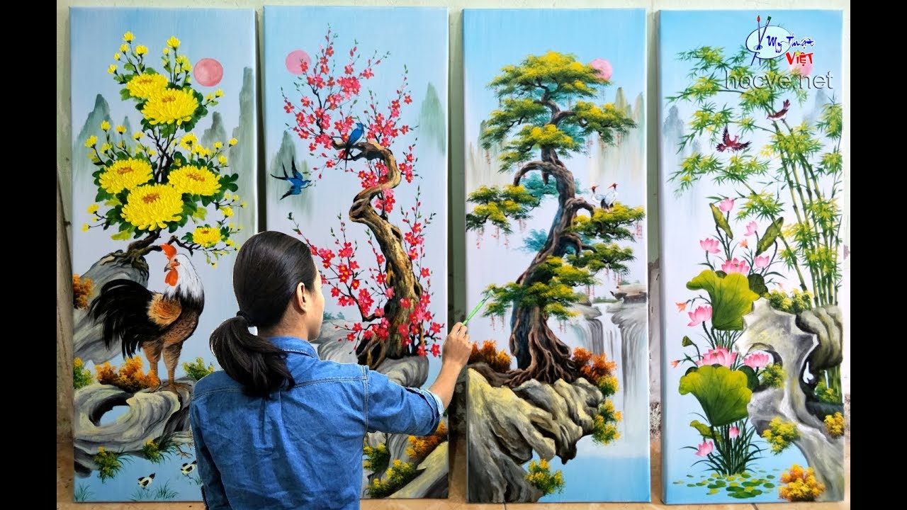 Tranh tứ quý sơn dầu_tùng cúc trúc mai, ĐT mua tranh: 0969.033.288. Đ.tạo các K.học vẽ tại hocve.net