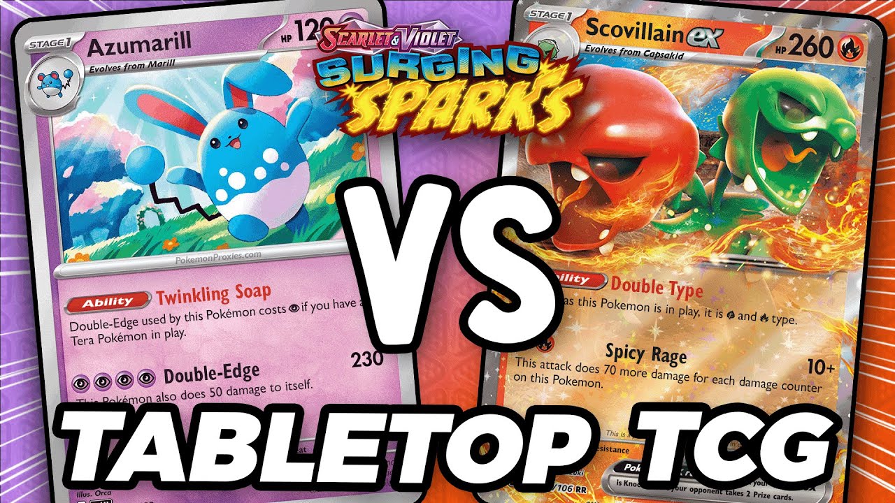 Can Azumarill Defeat Scovillian ex in this Surging Sparks Tabletop Match!?