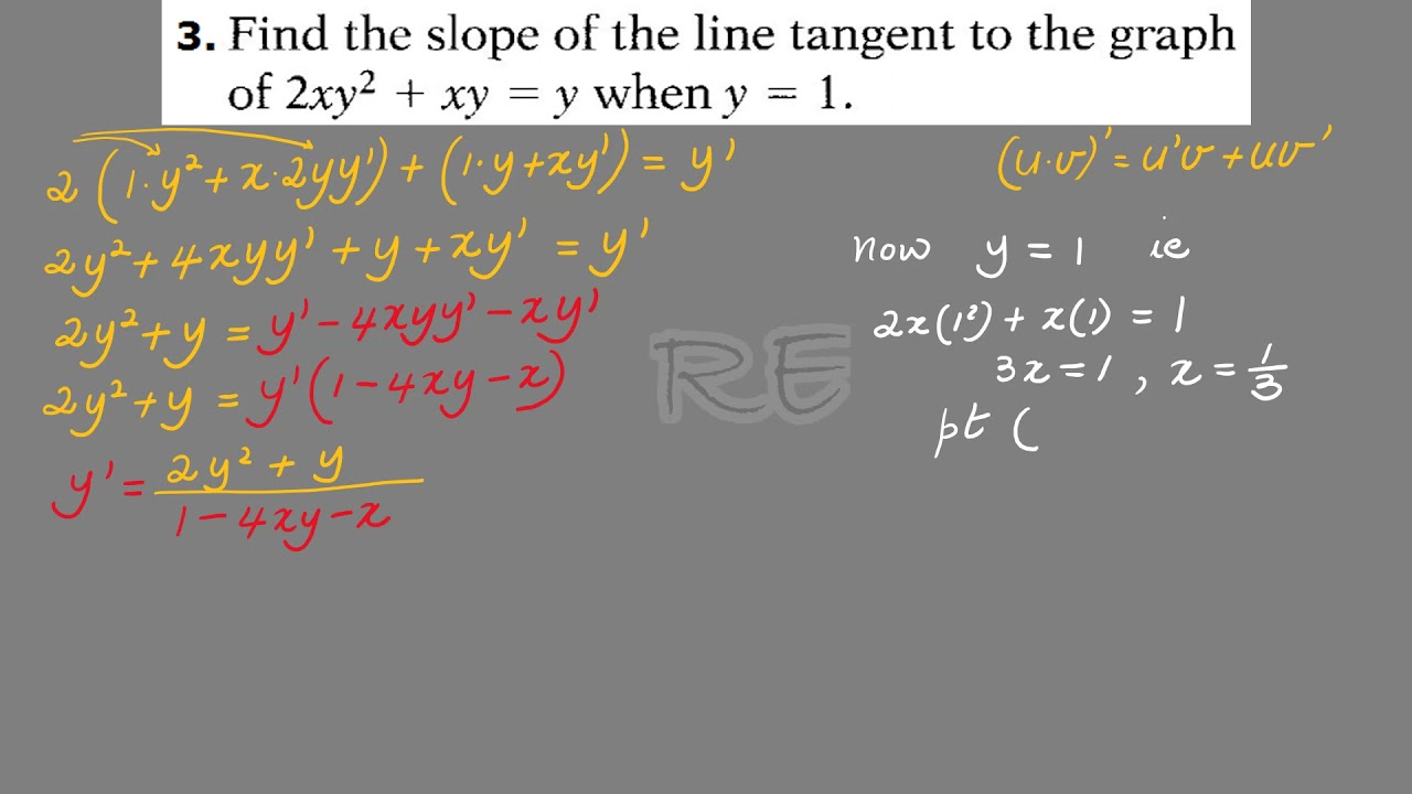 Find the slope of the line tangent the graph of 2xy^2 + xy = y for y=1 MCS21 Review for Test 6a Q3