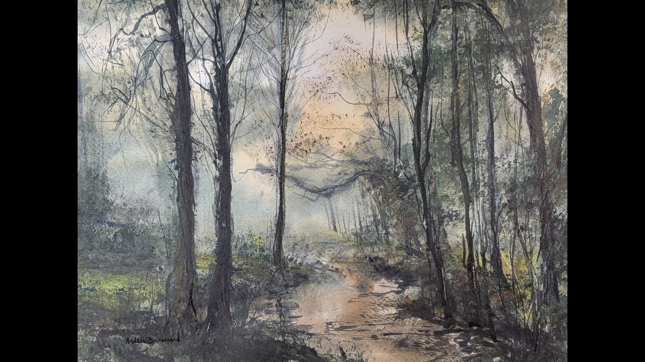 591) Tonalist Watercolor Landscape painting from a photograph. Adding phthalo blue to the palette.