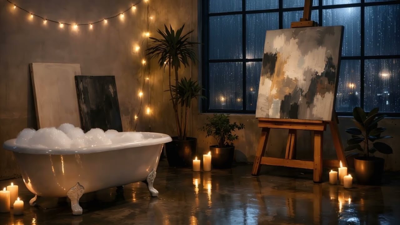 Industrial Art Studio Bath | Heavy Rain + Candlelight | Sleep & Relax (3 Hours)