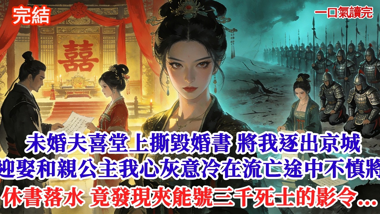 王爺未婚夫在喜堂上親手撕毀婚書，將我逐出京城，轉頭迎娶了和親公主。我心灰意冷，在流亡途中不慎將休書落水，才發現那特製的宣紙，竟夾著能號三千死士的影令…#追妻火葬場#愛情#小說#古言#有聲小說#情感故事