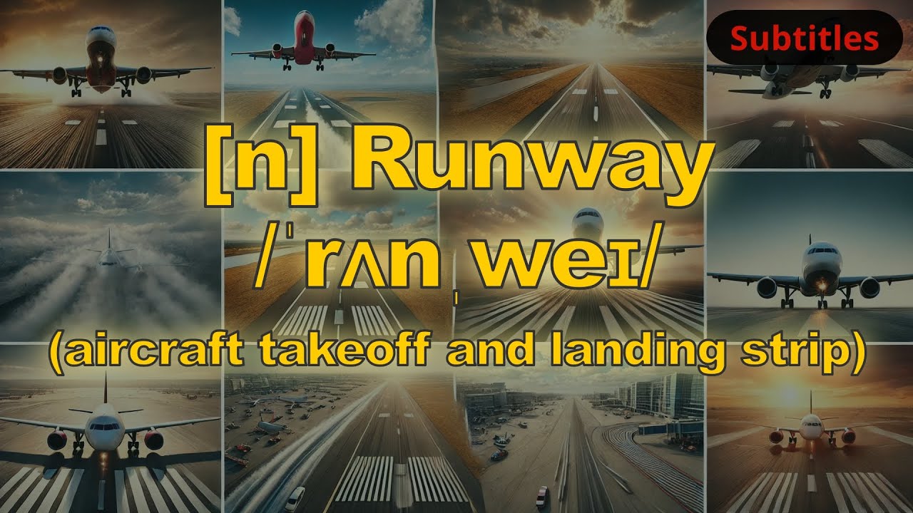 [n] Runway meaning (aircraft takeoff and landing strip) with 5 examples