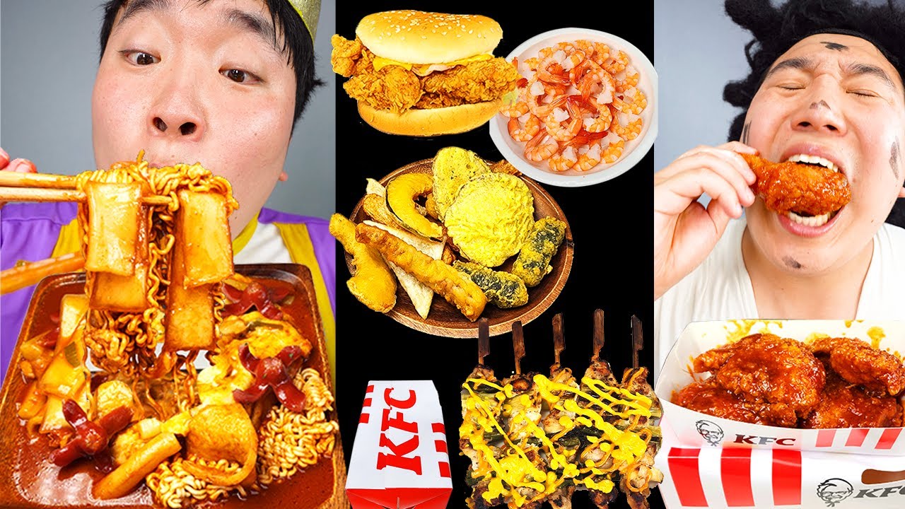 ASMR MUKBANG | Хрустящая жареная курица KFC, чизбургер, огненная лапша, забавная еда