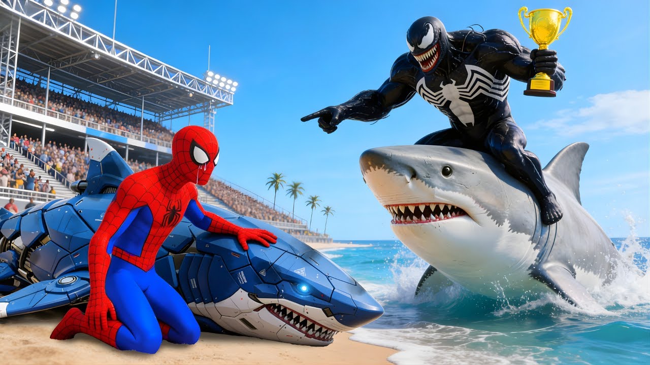 🦈🕷️ SPIDERMAN Wins The Magic Giant MEGALODON Shark Racing Championship – Epic Racing Challenge