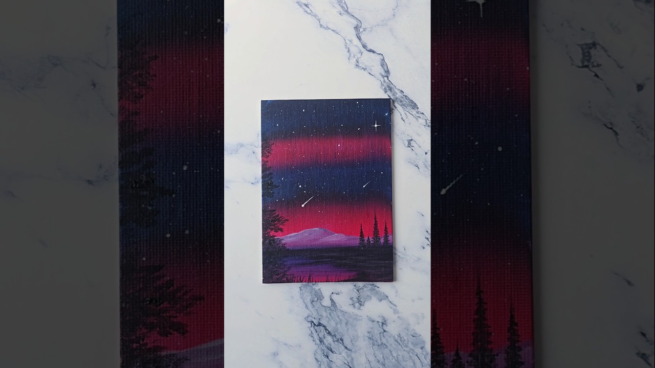 pink aurora night sky painting idea for beginners / acrylics on 5x7