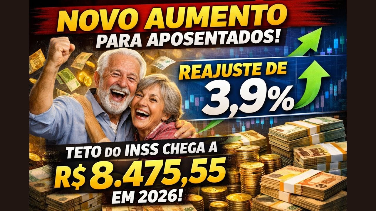 NOVO AUMENTO PARA APOSENTADOS: COM REAJUSTE DE 3,9%, TETO DO INSS CHEGA A R$ 8.475,55 EM 2026