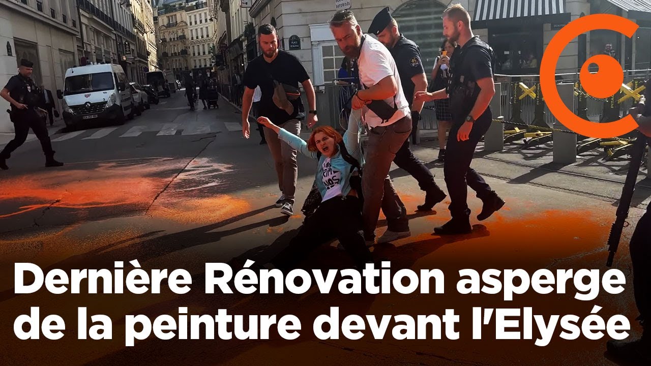 Dernière Rénovation verse de la peinture orange devant l'Elysée (6 septembre 2023, Paris) [4K]