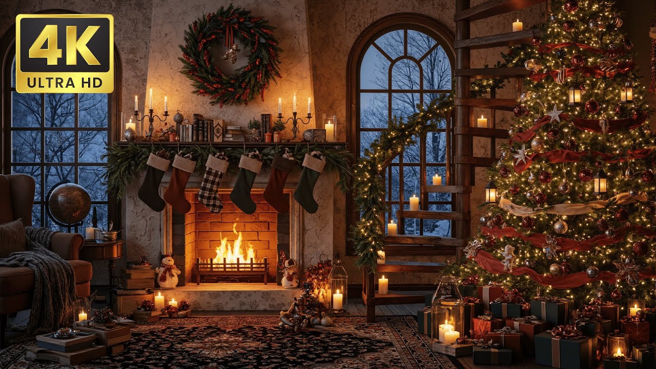 Calm Christmas Fireplace Ambience | Crackling Fire, Soft Snowfall & Peaceful Winter Night Sounds