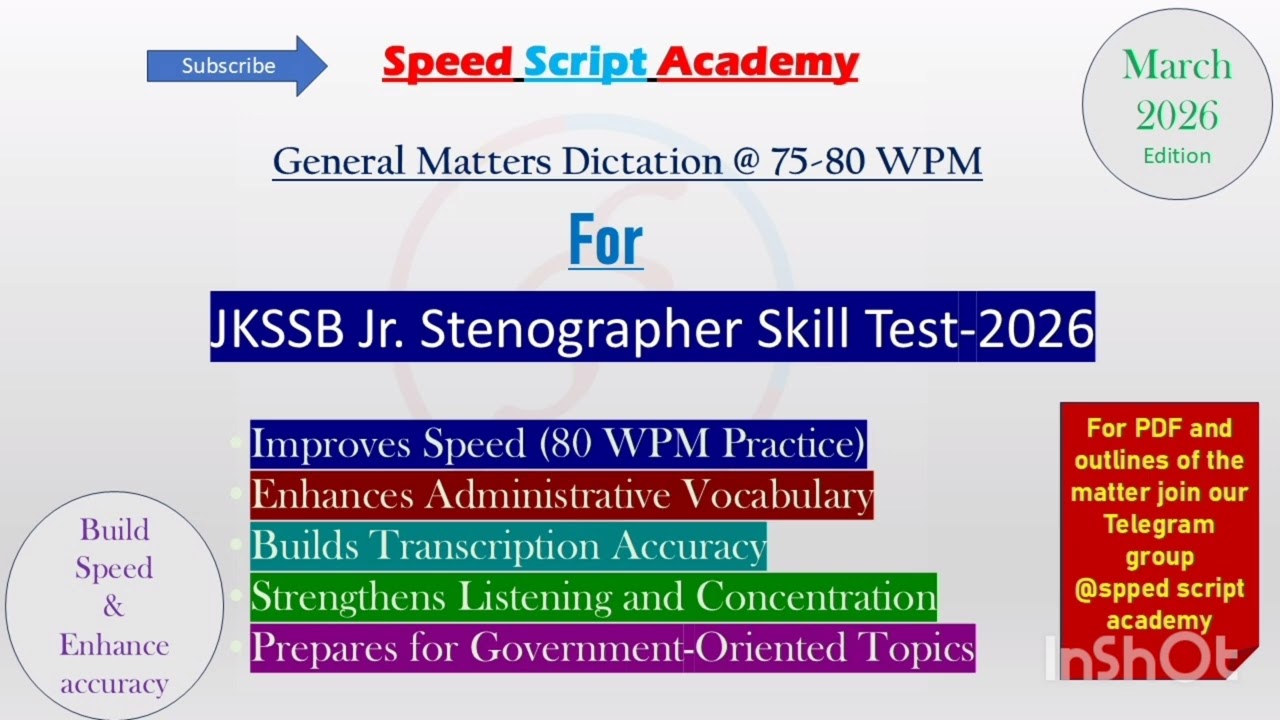 March 2| Shorthand Dictation for JKSSB Junior Stenographer Exam | 75–80 WPM Practice|