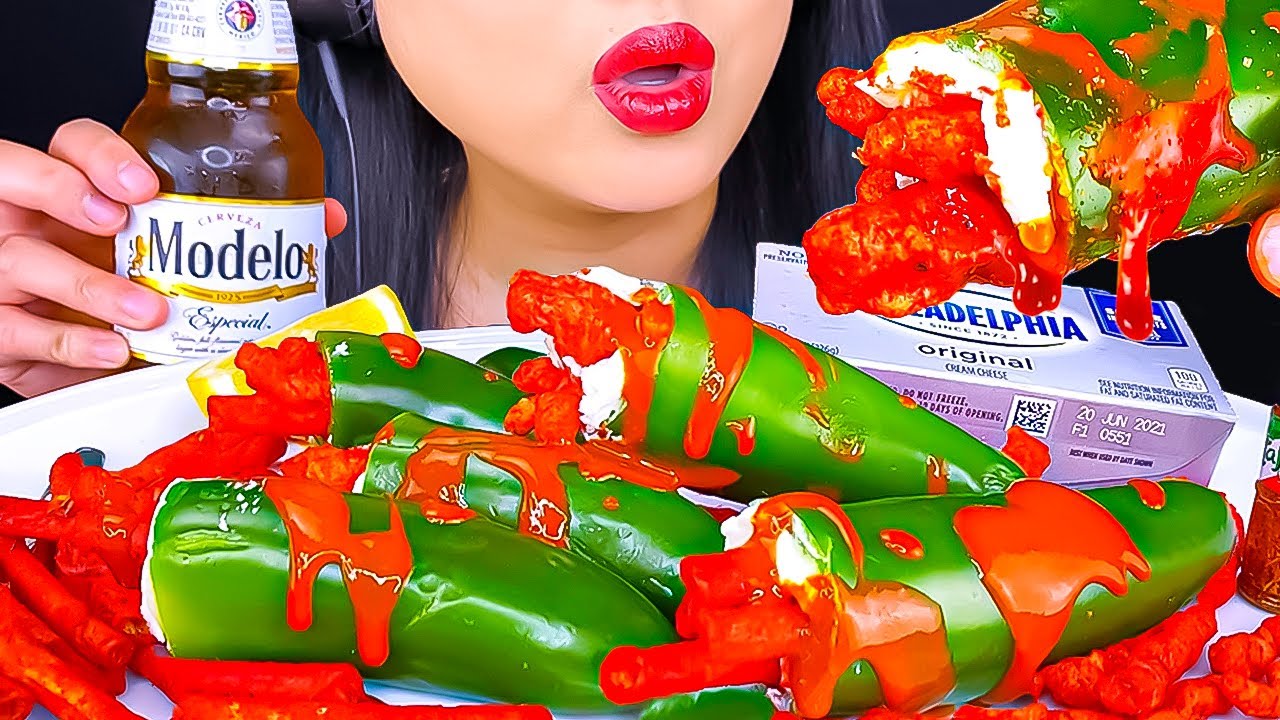 ASMR HOT CHEETOS & DINAMITA DORITO STUFFED JALAPEÑOS TIK TOK FOOD HACKS MUKBANG 먹방 ASMR Phan