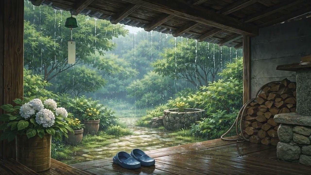 雨に包まれる古い家の軒下  Rain Under Old House Eaves  Sleep & Relax