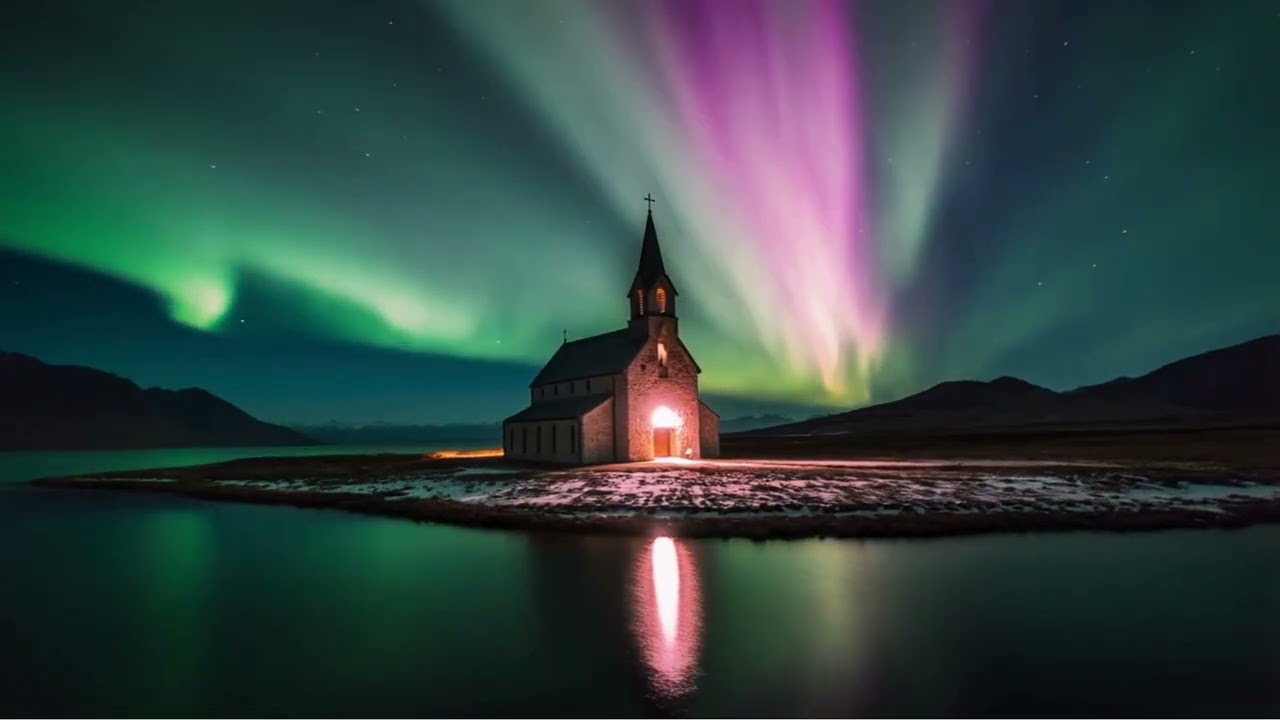 Ambience Videos | Church by the Sea under the Aurora Australis — Gentle River Flow for Focus & Sleep