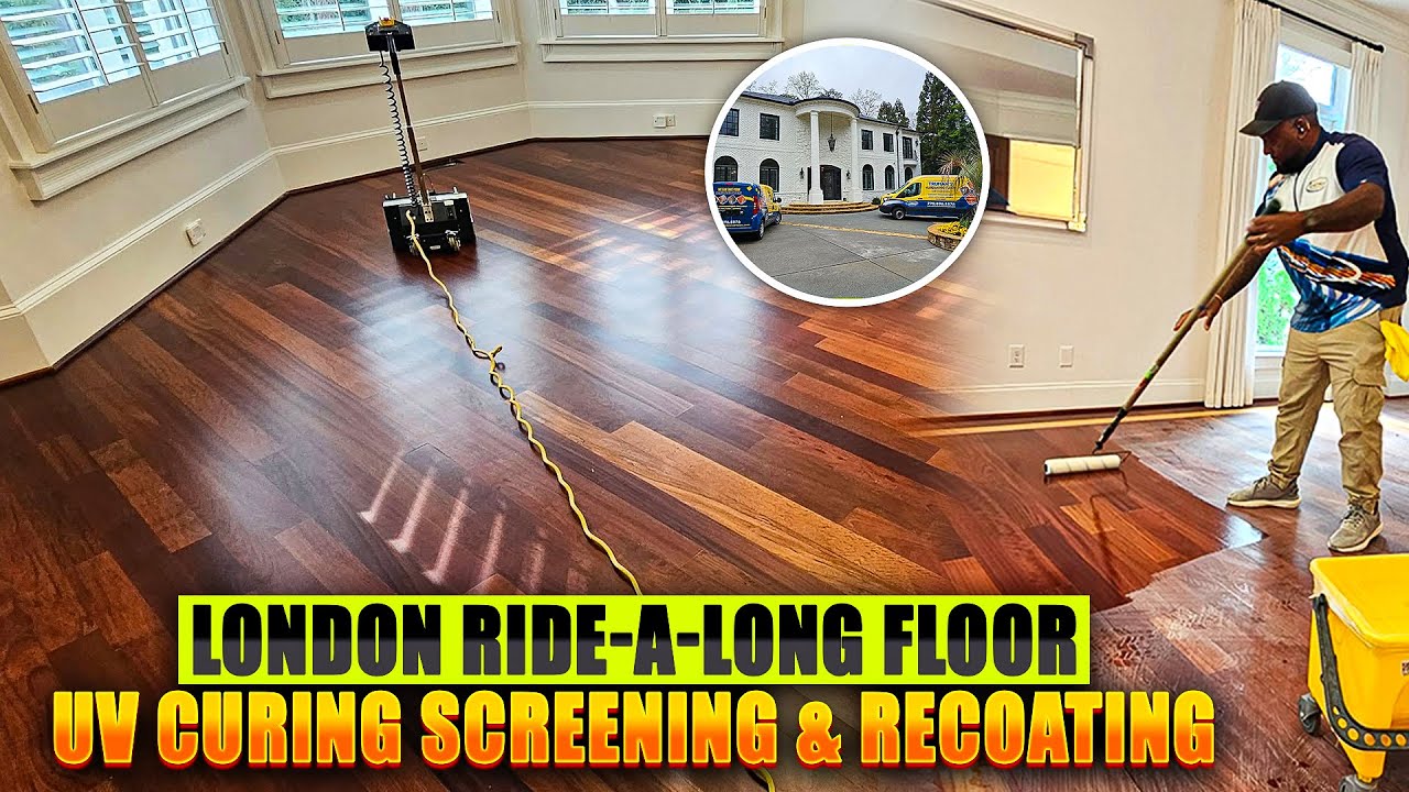Screen, Recoat & UV Curing 1,600 sq ft of Brazilian Cherry Floors with Ride-A-Long from London UK