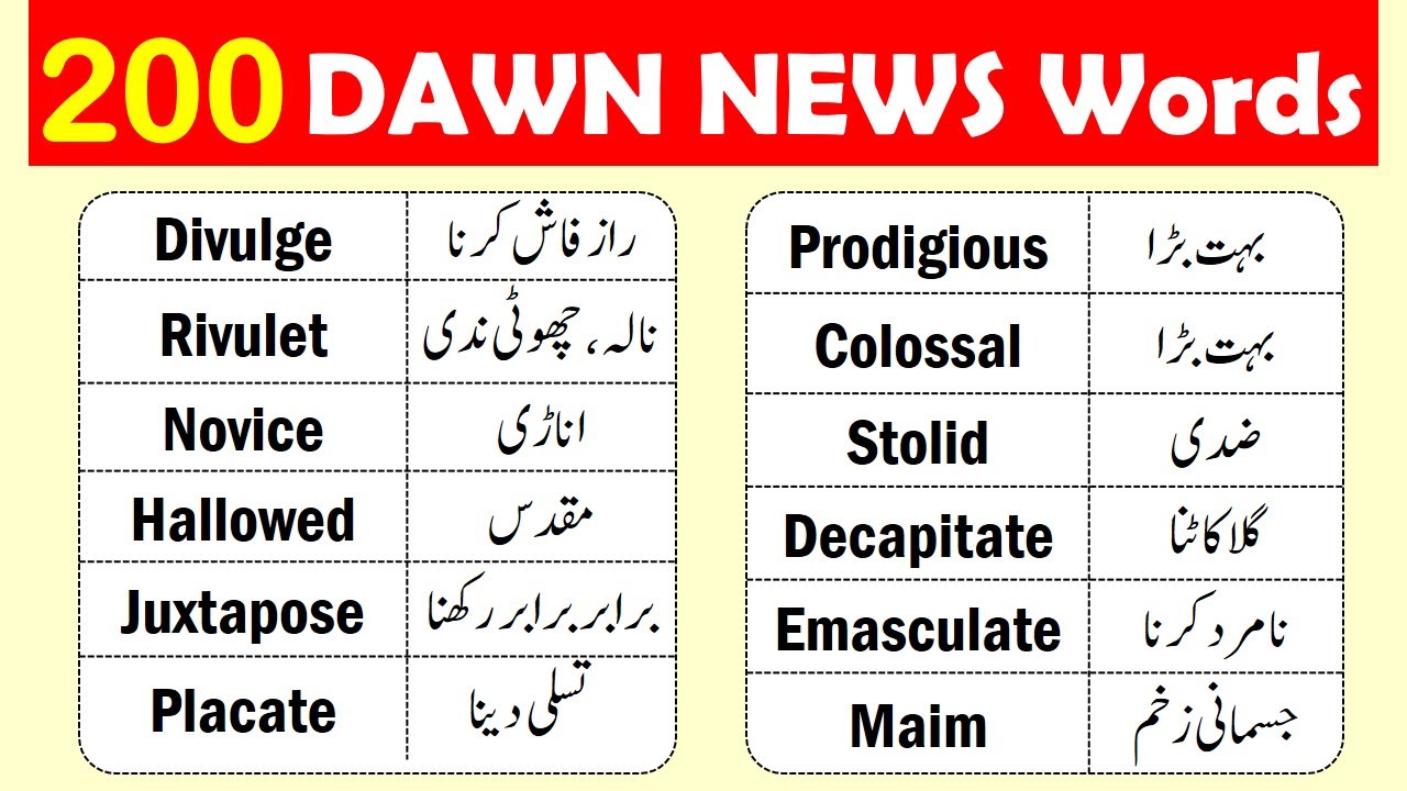 200 Dawn News Vocabulary Words with Urdu Meaning