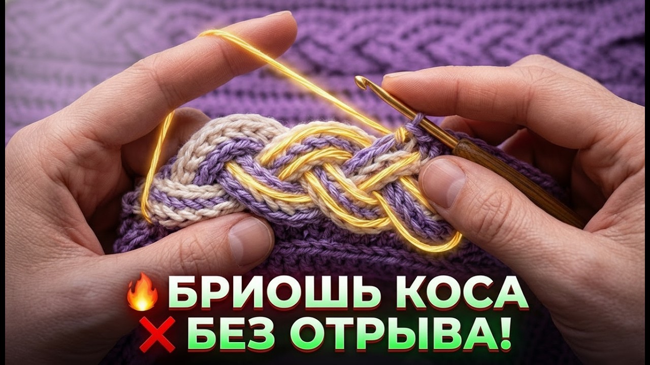 🔥 Бриошь коса крючком! Вяжется БЕЗ ОТРЫВА нити!