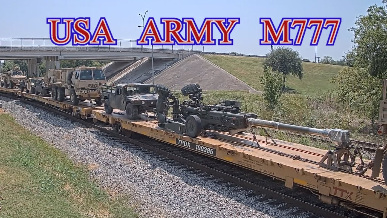 USA Army Military Train with M777 Howitzer Gun  & Humvees  past Live Cam August 10 2023