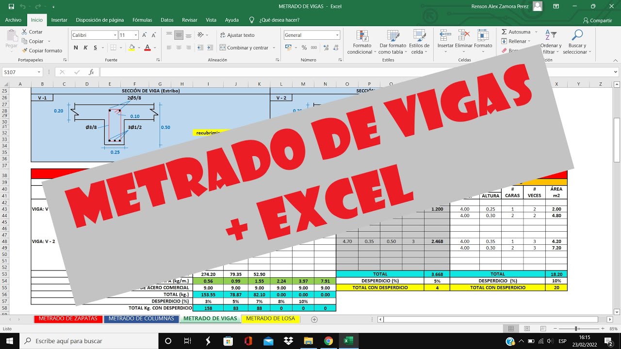 METRADO DE VIGAS (Concreto - Acero - Encofrado) + EXCEL