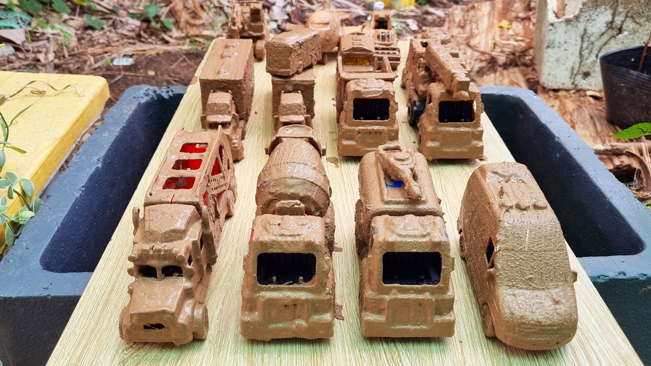 Find & Clean Muddy Toys, Concrete mixer truck, container truck, police car, school bus, tank, Tayo