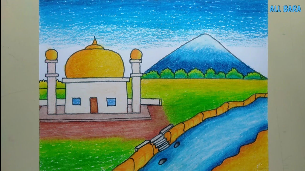 Cara menggambar masjid dan pemandangan alam