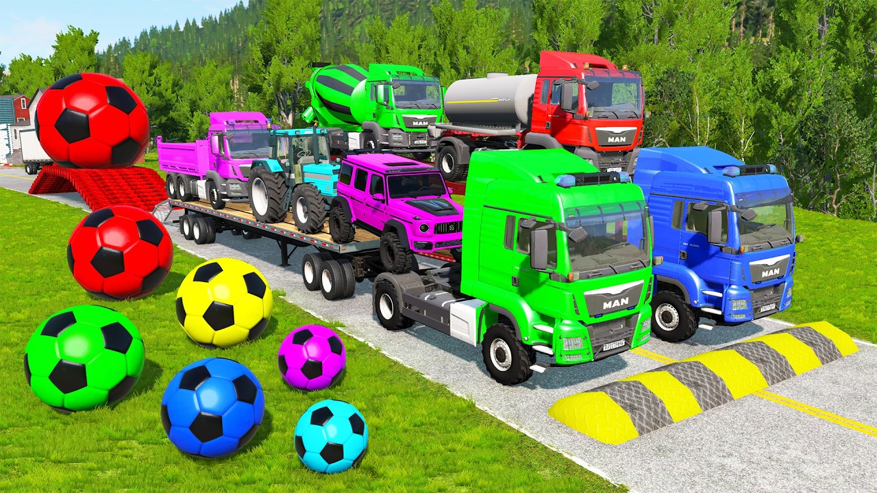 TRANSPORTING PIXAR CARS & FRUITS WITH COLORED & JOHN DEERE vs CLAAS vs TRACTORS - BeamNG.drive #983