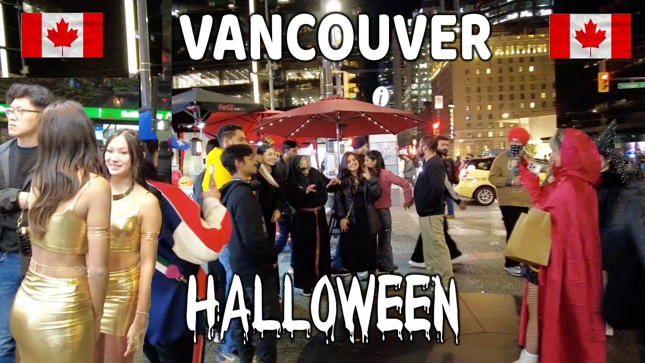 🇨🇦 🎃🎃🎃Halloween  Night 2024 in Downtown Vancouver BC. Granville Street. Travel Canada.