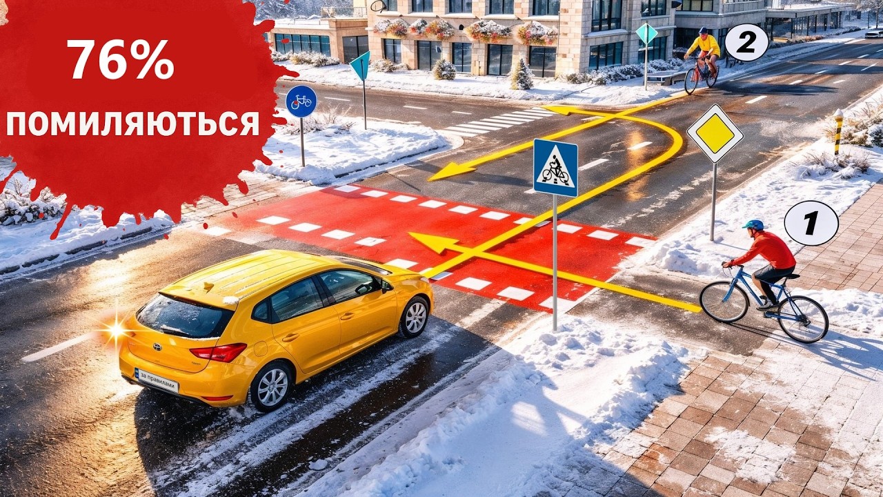 Ви в жовтому авто:  Якому велосипедисту ви маєте дати дорогу?