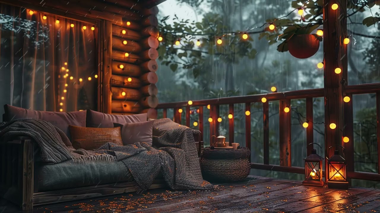 Cozy Winter Balcony Listening to Forest Rain with Soft Candlelight for Restful Night Sleep