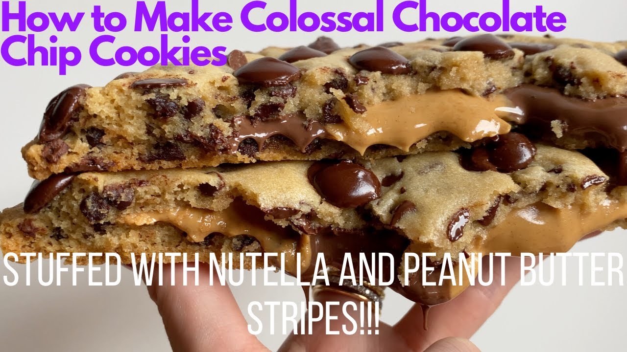 How to Make Chocolate Chip Cookie Stuffed with Nutella and Peanut Butter Stripes