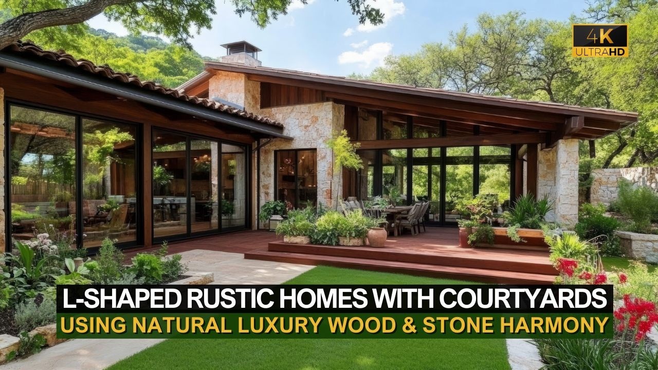 L-Shaped Rustic Homes with Courtyards Using Natural Luxury Wood & Stone Harmony