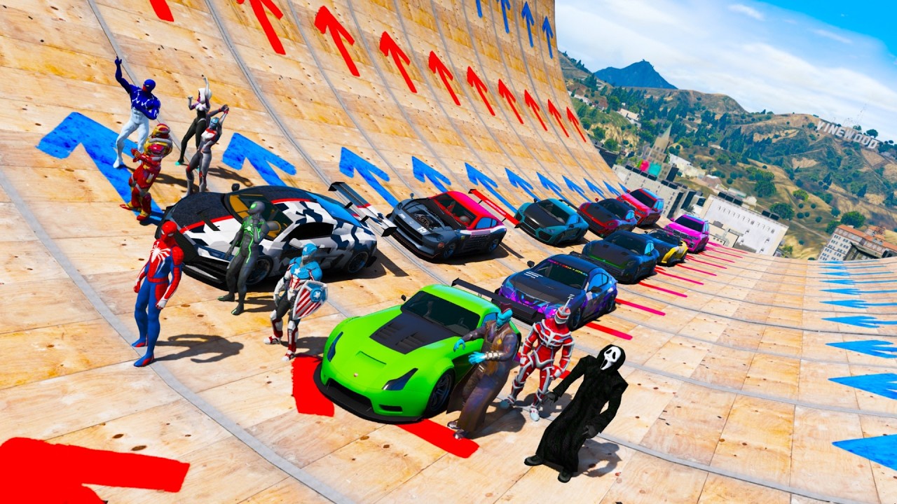 SpiderMan Superheroes Yondu Iron man challenge Epic Ramps Sportcars GTAV! Супер Героии Мега Гонка !