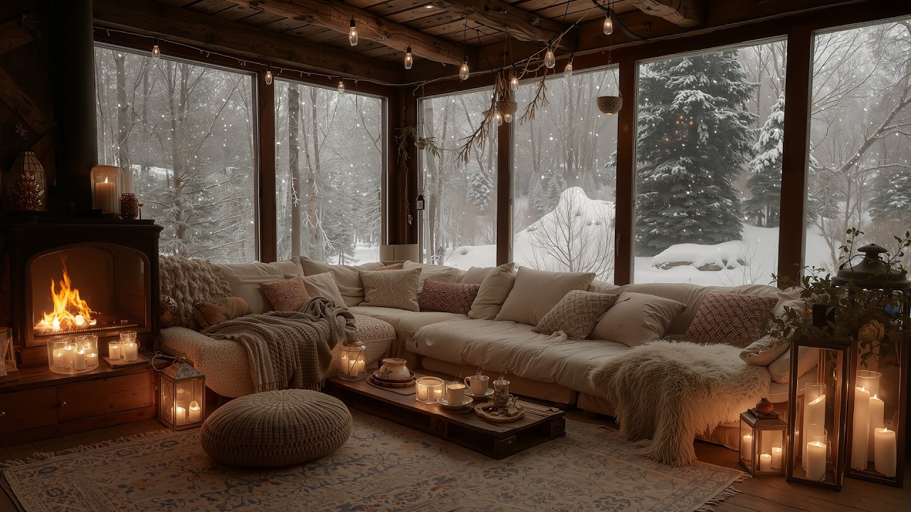 A Cozy Winter Living Room with Snowfall Outside ⛄ Gentle Piano & Crackling Fireplace for Deep Sleep
