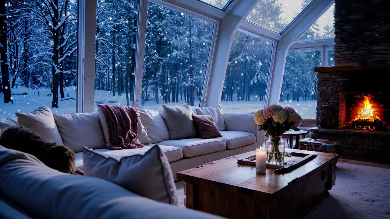 Winter Piano in a White Room ❄️ | Snowy Window View, Fireplace Glow & Calm Night Ambience