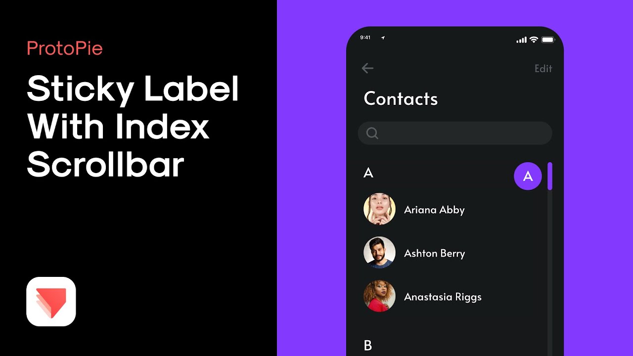 ProtoPie - Sticky label with index scrollbar (Advanced)