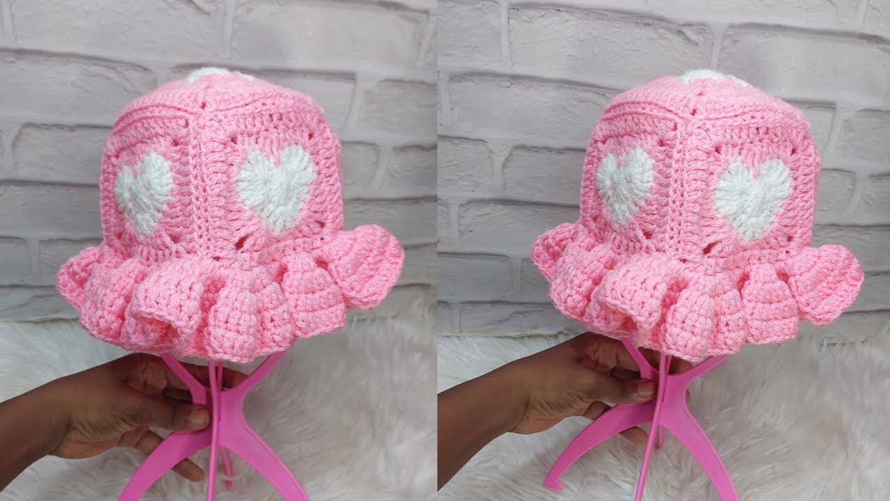 How to crochet a heart ruffled bucket hat for babies and any size. beginners friendly. #grannysquare