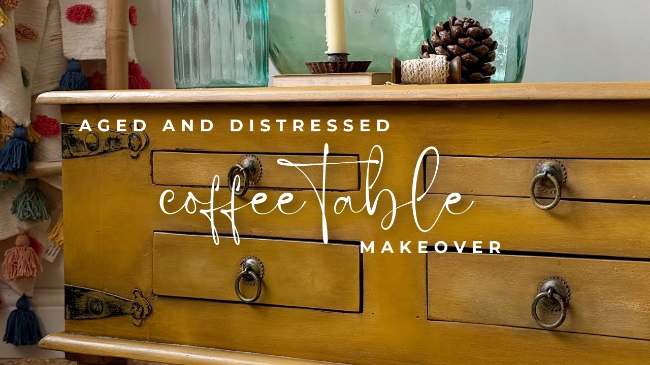 Aged and distressed rustic style coffee table makeover
