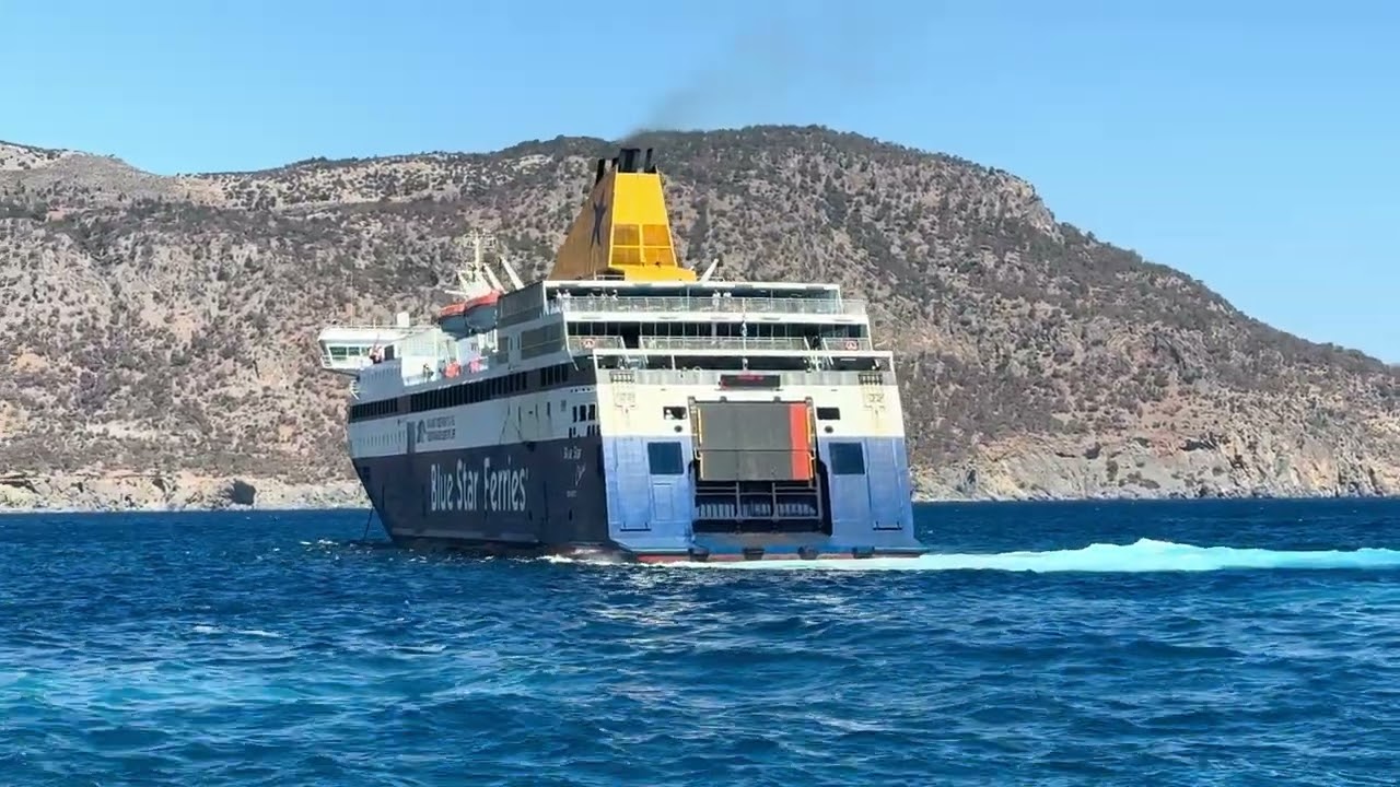 **4K** Blue Star Ferries CHIOS Departs at Karpathos port.